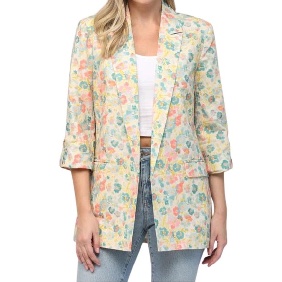 Fate Jackets & Blazers - NWT Fate Floral Meet Me in Paris Blazer Jacket‎ Small Open Front Linen Cotton